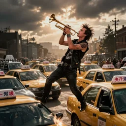of a punk Rock trumpet player really getting into a solo onto of a pile of taxi cars