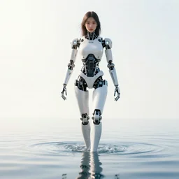 beautiful centered photo portrait of hoyeon jung as a solarpunk robotic humanoid with white mechanical parts with bright halogen lights, treading on calm water, reflection on water, ultra - realistic and detailed, sun lit, white background, bokeh, soft focus, slow exposure hdr 8 k