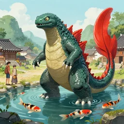 Godzilla-like game character beautiful giant kaiju sized pond dragon half fish half salamander, wet amphibious skin, red salamander, axolotl creature, koi pond, korean village by Ruan Jia and Gil Elvgren, fullbody