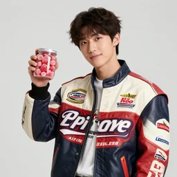 charly with the racing jacket holding a jar of strawberry candy