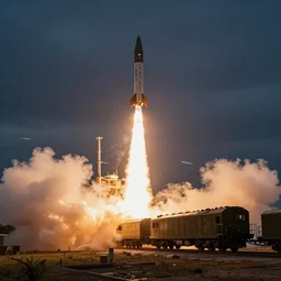 a missile is being launched from a military train, a stock photo by peter snow, shutterstock contest winner, video art, wide lens, anamorphic lens flare, stock photo