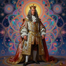beautiful oil painting, full body portrait of Dwayne the rock Johnson as Louis xiv in coronation robes 1701, Dan Mumford, Dan Mumford, Alex grey, Alex grey, lsd visuals, dmt fractal patterns, entheogen, psychedelic, hallucinogen, highly detailed, ornate, vaporwave