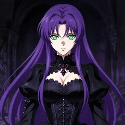 full anime portrait of beautiful necromancer woman in the darkness, face details, black ornamental dress, corset, purple straight hair, pale skin, green eyes, high fantasy, extremely detailed, illustration, by kurone mishima, light novel cover art