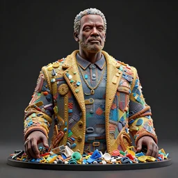 trash sculpture of samuel l. jackson, wide shot, vibrant color details, zbrush, hyper realistic, golden ratio, macro lens, unreal engine, octane render, symmetri