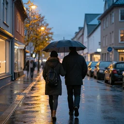 a pair of lovers walking down the street in Norway during autumn raining night with an umbrella in the style of Pascal Campion
