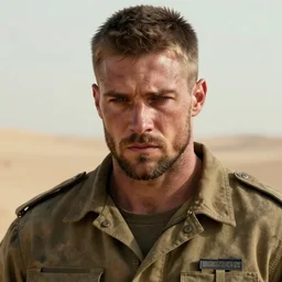 portrait of muscular, tired and alcoholic 3 0 - year - old handsome man with short darkblonde hair, serious sad look in his eyes, looking down, dirty beard, blue eyes, crying tears, wearing dirty soldier uniform, on the desert, sad atmosphere, hyper realistic face, character art, art by mark brooks, cryengine, trending on artstation, digital art