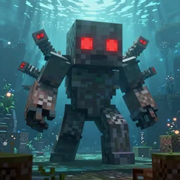 a new hostile Minecraft mob only found in the deepest depths of the world, it is colossal in size and terrifying to behold with eight finds and big red eyes, rtx, Minecraft, monster, underwater depths