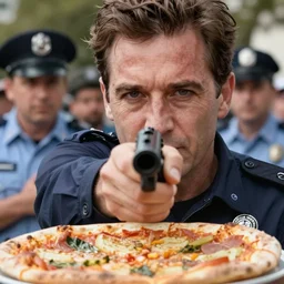 closeup portrait of of a police arresting a pizza at gunpoint, photograph, world press photo, natural light, sharp, detailed face, magazine, press, photo, steve mccurry, david lazar, canon, nikon, focus