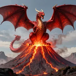 enormous red dragon perched atop an erupting volcano. 4 k video game concept art. highly detailed. fantasy.