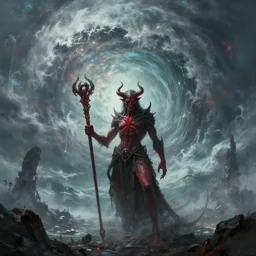 beautiful digital fantasy illustration of a demon holding a staff!!, a giant wave in the sky, apocalypse art!!!!, apocalypse landscape!!!!!, cosmic horror!!!, concept art by Jarosław Jaśnikowski, a detailed matte painting by Dan Luvisi, cgsociety, fantasy art, highly detailed, soft lighting, rendered in octane, masterpiece, very very very aesthetic