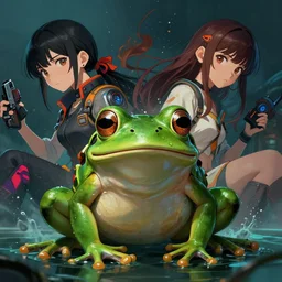 low angle shot of a wet cyberpunk frog submerged in water and Casey Weldon and Chie Yoshii, dynamic particulate, rich colors, intricate, elegant, highly detailed, centered, digital painting, artstation, concept art, smooth, sharp focus, illustration, octane render