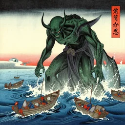 cthulhu on the ocean attacking boats, ukiyo - e