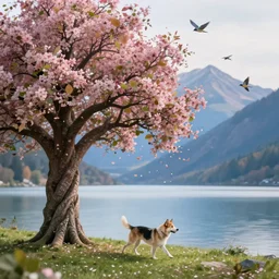 a beautiful awesome artistic tree dog walks next to a tree, tree with falling flowers like leaves and many birds, all in the amazing outdoors view, mountain in the background, lake, long exposure, 8 k resolution, trending on artstation