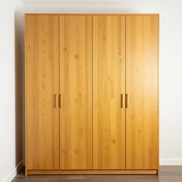 four - door wardrobe, symmetric door, height 2 0 7 cm, width 2 4 0 cm, wood - like laminate golden oak, white walls in the room, closed doors, exclusive, unique, prestigious, photorealistic, beautiful lighting