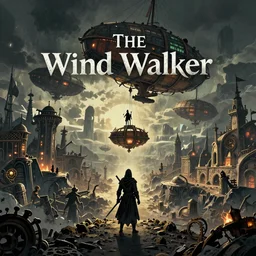 Epic fantasy Book cover for The Wind Walker a fantasy adventure with airships, thieves and a steampunk city inside of a crater, no text