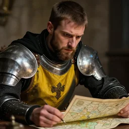Closeup of frustrated and acerbic male medieval sergeant with a short beard wearing a {black and yellow tabard} over a steel breastplate and a black gambeson looking at a map on a table, intricate, dramatic lighting illustration by Greg Rutkowski, {perfect face}, {perfect eyes}, fantasy
