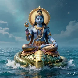 vishnu sitting on adishesha the thousand headed universal serpent, floating across the cosmic ocean, digital art, octane render, highly detailed, intricate, by android jones and amanda sage