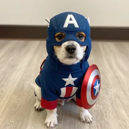 a dog dressed as Captain America