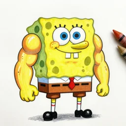a muscular cyborg spongebob, illustration, graphic novel, graphite, marker art, crayon, paint, comic book, warm color palette, electric colors, tonal colors, 2 d, 8 k, natural lighting, amoled, moody lighting, diffraction grading, cel shading : : katsuhiro otomo