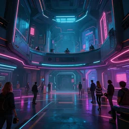 photo environement cyberpunk main hall : 4, 4 k rtx hdr volume light concept studio matte painting environement digital illustration style cyberpunk 2 0 7 7 artstation artur tarnowski, mihai muscan, marcin tomalak, marta leydy, marcin stepien, charlotte hughes, zuzanna dabrowa neon bioluminiscence