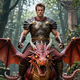 long shot photo of a very handsome arnold schwarzenegger conan the destroyer, high details and on face, mounted on top a red dragon with glowing yellow eyes, wearing ancient barbarian armor, centered, rule of thirds photo, hyper realistic, forest temple in the background, sharp focus, digital painting, box art illustration trending pixiv fanbox by wlop and greg rutkowski and caravaggio and rosa bonhe