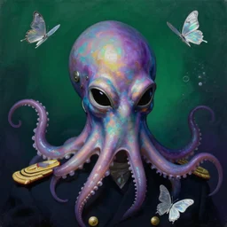 baroque neoclassicist close - up portrait of an alien naval admiral wearing an iridescent retrofuturistic octopus mask, underwater background. iridescent silver butterflies. deep green and purple. highly detailed science fiction painting by norman rockwell, frank frazetta, and syd mead. rich colors, high contrast, gloomy atmosphere. trending on artstation and behance.