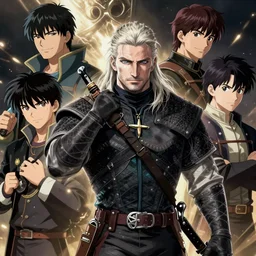 geralt of rivia, the witcher, by atay ghailan & akira toriyama & ken sugimori & takeshi obata & hiromu arakawa & masashi kishimoto & yusuke murata & hayao miyazaki & masashi ando,