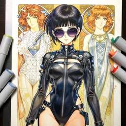 a copic maker realistic manga illustration by yoshiyuki sadamoto and lois van baarle and alphonse mucha of an anime girl highly detailed eyes detailed face wearing wearing a cutout bodysuit w / oversized sunglasses lots of zippers, pockets, synthetic materials, by issey miyake and balenciaga 8 k