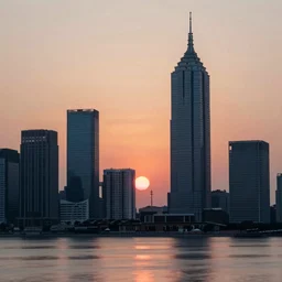 The sun sinking behind a modern city skyline by Dan Mumford and Alberto Vargas and John Atkinson Grimshaw, black border, vibrant, sunset, art nouveau