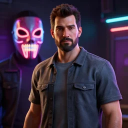 richard from hotline miami in the background of neon, rooster mask, high quality 3 d render, unreal engine 5