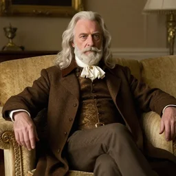 older handsome lord is sitting gracefully on a sofa