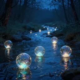 glowing glass orbs floating down a river, synthwave, evocative, mystical night, detailed, award winning, trending on artstation