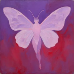 an oil painting of androgynous moth person by Aya Takano, superflat art, very ethereal, joy, painterly, heavy impasto, purple and scarlet colours