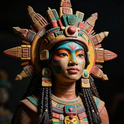 aztec sun goddess, vivid colors, dark shadows, contrast, concept art, sharp focus, digital art, Hyper-realistic, 4K, Unreal Engine, Highly Detailed, Dramatic Lighting, Beautiful, by Brom, bastien lecouffe-deharme