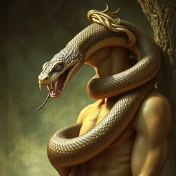 a serpent wrapping itself around adam's neck as eve begs