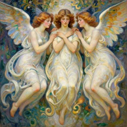 illustration studio portrait of three beautiful seraphim girls in an artistic pose resting in nature, monet painterly motives and textures pattern, hyper detailed, octane render, vivid colors, artstation, by jeremy mann, by alphonse mucha, by monet