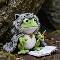 a huggable white plush frog paladin cleric wearing a wolf pelt as a hooded cape and sketchbook and pencil while exploring a cave, photorealistic, nature, photography, national geographic, sesame street