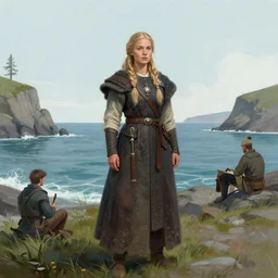 portrait of a viking woman drawn by artgerm, wide shot, standing next to the sea by alena aenami, digital artwork by karol bak and rhads, jason chan