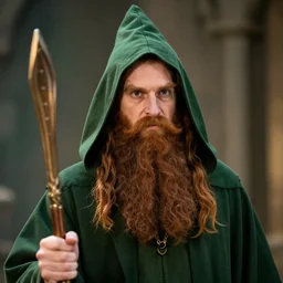 a green hood wizard with a long brown beard