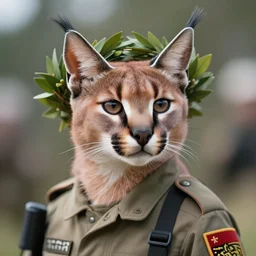 portrait photo of cute fluffy caracal, with laurel wreath, highly detailed, high resolution, cosplay photo, bokeh soft, 1 0 0 mm, trending on instagram, by professional photographer, soldier clothing, shot with a canon, low saturation