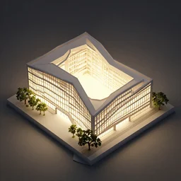 architectural model, isometric view, 3 d render, studio lighting, low contrast, brightly lit studio, highly detailed, a thick building with diagonally zig - zag plan and large windows, tree