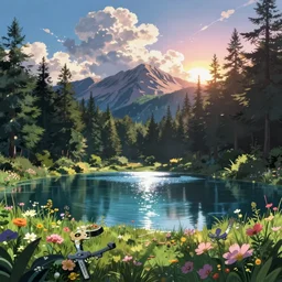 key anime visual of a beautiful, glistening lake in a forest, surrounded by wildflowers, with mountains in the background and cumulus clouds, littering the sky, during sunrise, modern anime style