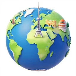 a vector globe illustration with famous 3 d touristic landmarks on it, 3 d render, 3 d model, smooth, ray tracing, illustration, in the style of boldtron