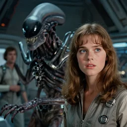 full - color cinematic movie still from a 1 9 7 9 science - fiction horror film by ridley scott starring young phoebe cates as a crew member on a spaceship fighting a xenomorph. detailed facial - features ; suspense ; action.