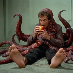 sci fi movie screenshot of jean paul sartre transforming into a tentacle monster eating an apple using only his feet kodachrome