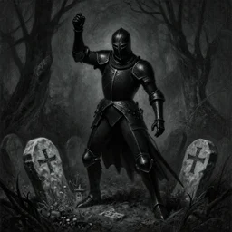 the black knight rising from his grave, dark fantasy, carbon painting, by artgerm, greg rutkowski, alphonse mucha