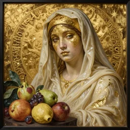 michelangelo night masterpiece ultrarealistic ultradetailed painting of catholic veiled lady beside fruits, still life, greg rutkowski, immerse, slime, 2 0 th century, special effects makeup, maximalist, glittering, gold, ivory, hyperreal, golden ratio, alphonse mucha