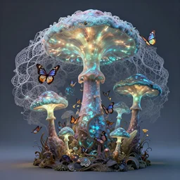 a 3 d bioluminescent radically alive world of mushroom fractals and butterflies, intricate mycelial lace, biopunk, rococo, inspired by peter mohrbacher & james jean & william morris & ernst haeckel & anato finnstark — w 7 0 0