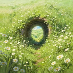 portal to another world in a field of daisies, painting by craig mullins, octane rendering, soft morning lighting, wide angle lens, in the style of hayao miyazaki, trending on artstation