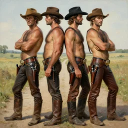 a homoerotic symmetrical painting by tom of finland, clyde aspevig, greg rutkowski, gaston bussiere, j. c. leyendecker of attractive hairy gunslinger and handsome cowboy, they are in love standing back to back | bandoliers, shirtless, leather pants | natural lighting, path traced, highly detailed, high quality, trending on artstation